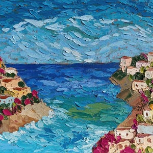 Cidade italiana no mar, paisagem marinha, pintura a óleo original feita à mão, estilo impasto, 8 por 10 polegadas
