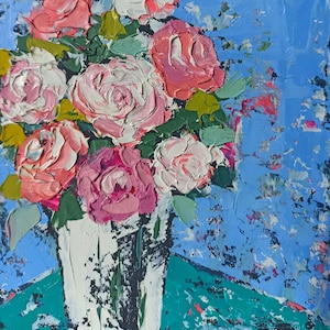 Impasto blanco abstracto rosas flores floral optimista original hecho a mano pintura al óleo sobre cartón 6 x 6 in