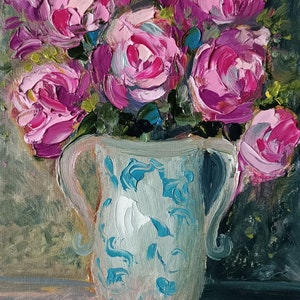Peonías rosas, flores, floral, optimista, pintura al óleo original hecha a mano sobre cartón, 6 x 8 pulgadas