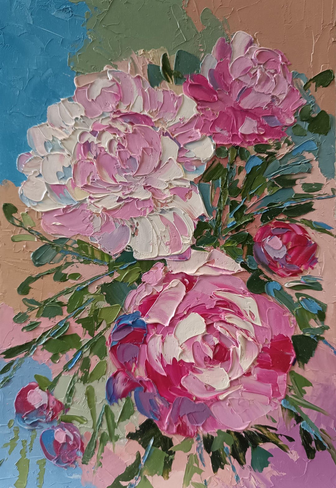 Pink Peony Peonies Flowers Floral Original Oil Painting on Cardboard 7. ...