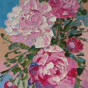 Peonías rosas, flores, pintura al óleo original floral sobre cartón, 20 x 30 cm (7,8 x 11,8 pulgadas)