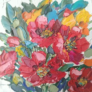 Papoulas vermelhas flores floral otimista original pintura a óleo feita à mão em papelão 4 x 4 polegadas