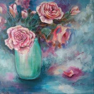 Pink red roses in vase 19.5 by 19.5 inches abstarct acrylic still life painting on canvas original impressionist art (without stretcher)