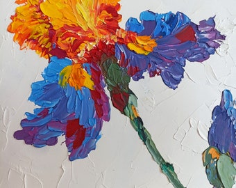 Impasto texture irises flowers floral optimistic original handmade oil painting on cardboard 8 x 10 in