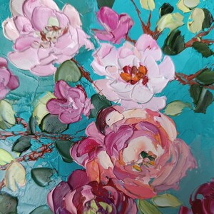 Impasto textura rosa árbol abstracto flores floral optimista original pintura al óleo hecha a mano sobre cartón 4,5 x 4,5 pulgadas