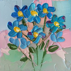 Impasto textura abstracto azul nomeolvides flores floral optimista original hecho a mano pintura al óleo sobre cartón 4 x 4 in