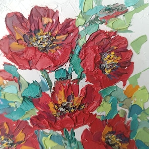Amapolas rojas flores floral optimista original pintura al óleo hecha a mano sobre cartón 4 x 4 pulgadas