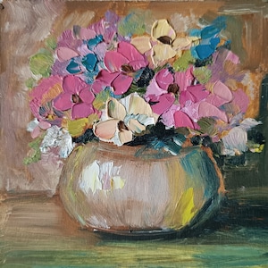 Pintura al óleo original hecha a mano con flores rosas y optimista sobre cartón, 5 x 5 pulgadas