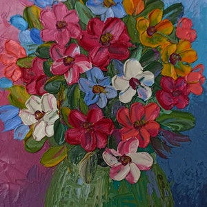 Impasto textura flores florales en jarrón bodegón optimista pintura al óleo sobre cartón 5 por 7 en
