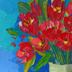 Impasto rojo abstracto tulipanes flores floral optimista original hecho a mano pintura al óleo sobre cartón 6 x 6 in