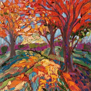 Paisaje Bosque Árboles Otoño Hecho a Mano Original Impasto Pintura al óleo Cartón