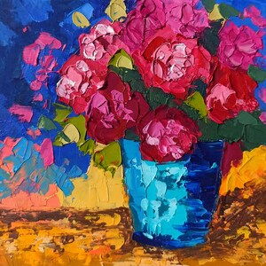 Impasto pintura a óleo sobre papelão 6 x 6 em pequenas flores vermelhas, natureza morta floral sobre papelão