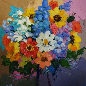 Impasto ramo abstracto original de flores de verano pintura al óleo hecha a mano optimista floral sobre cartón 6 x 6 pulgadas