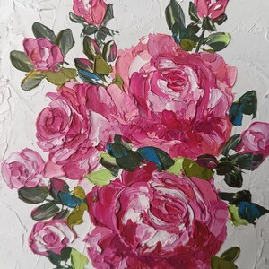 Pintura al óleo original hecha a mano con flores abstractas de rosas rosadas sobre cartón, 6 x 8 pulgadas