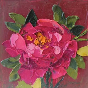 Pintura al óleo original floral de flor rosa rosa sobre cartón de 4 x 4 pulgadas