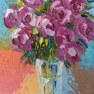 Impasto textura peonía flores bodegón floral bodegón optimista original pintura al óleo hecha a mano sobre cartón 5 x 7 azul púrpura marrón