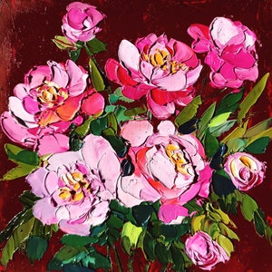 Peonías rosas empastadas, flores de peonías, floral, optimista, pintura al óleo original hecha a mano sobre cartón, 7 x 7 pulgadas