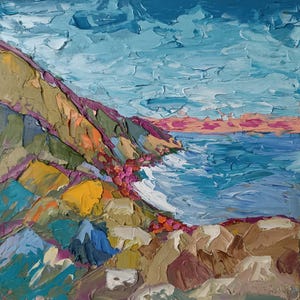 Pintura a óleo impressionista estilo impasto original feita à mão com paisagem marinha 9 por 9 polegadas