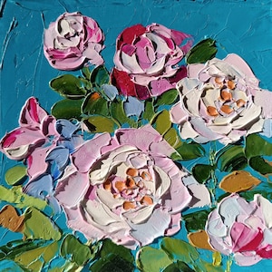 Pintura al óleo original hecha a mano sobre cartón con flores de empasto, abstracta, optimista y floral, de 6 x 6