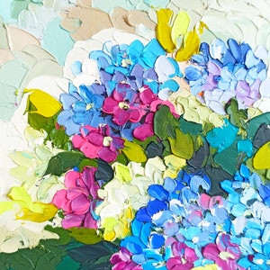 Impasto original abstracto flores de hortensia floral optimista pintura al óleo hecha a mano sobre cartón 6 x 6 pulgadas