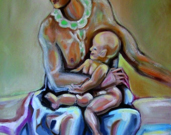 Madre y niño en brazos - Obra de arte original - Óleo sobre lienzo