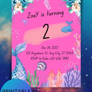 Meerjungfrau Geburtstag Einladung Party unter dem Meer einladen, bearbeitbar, digital herunterladbar & druckbar, 1. Geburtstag