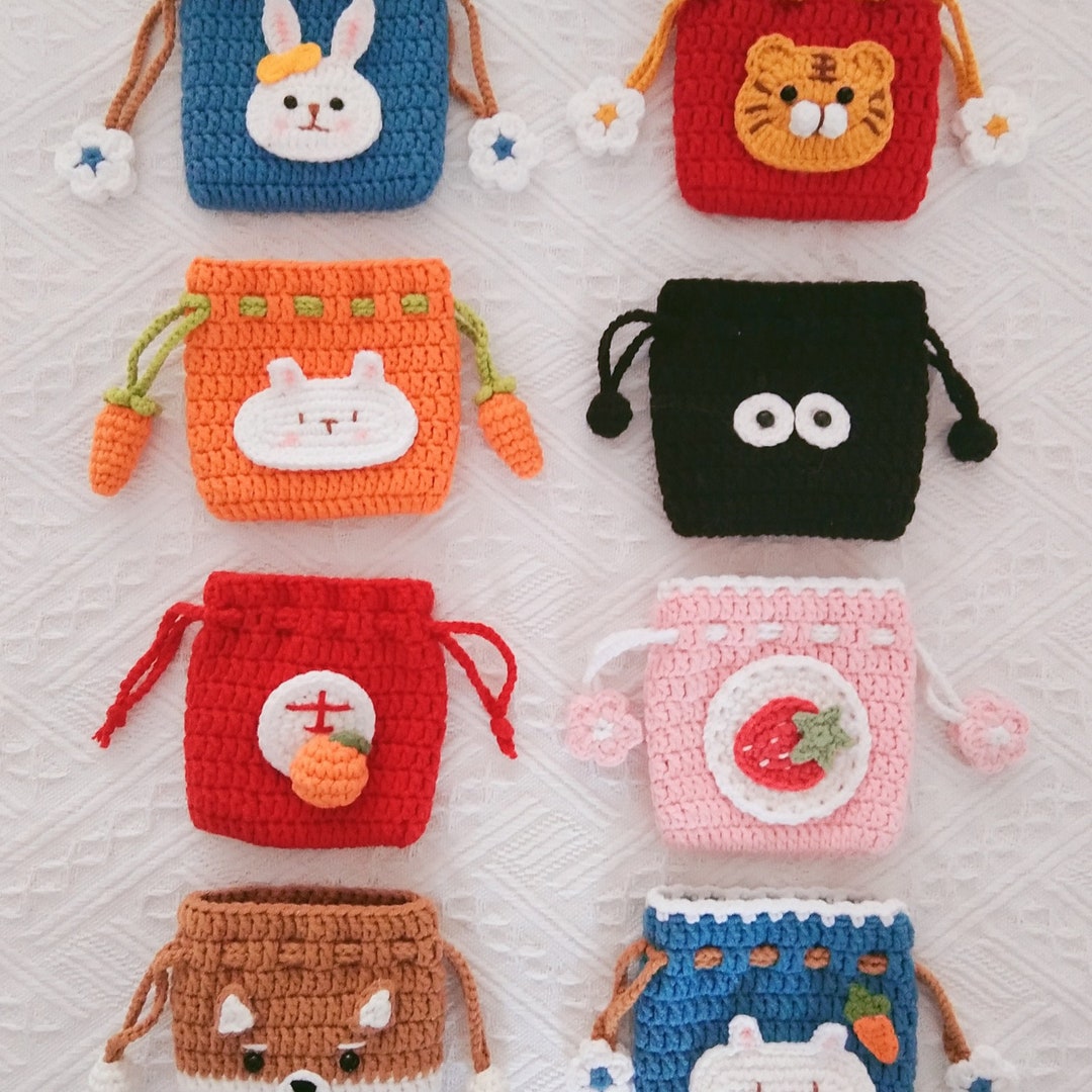 Crochet Drawstring Bag, Crochet Tote Bag, Crochet Animal Bag, Knitted