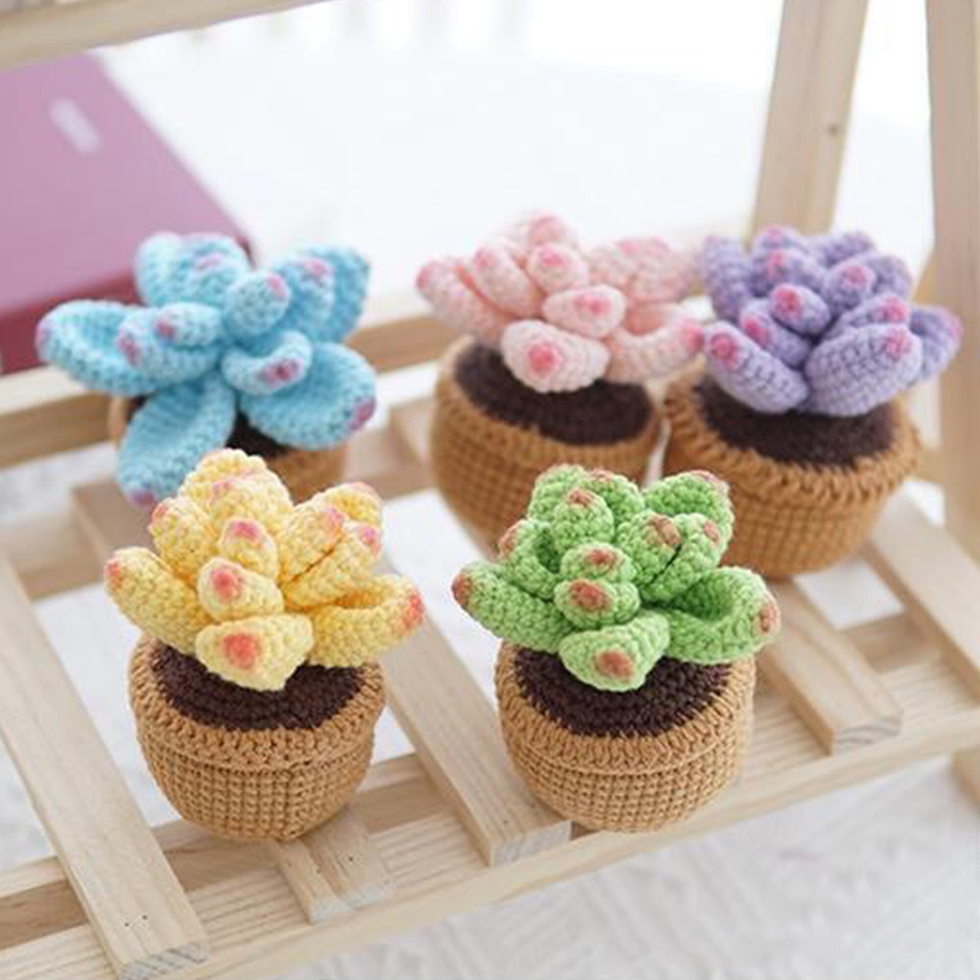 Crochet Succulents Potted Plants Crochet Flower Decoration Knitted Flower  Car Decoration 