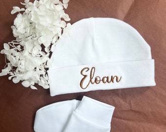 Bonnet et moufles de naissance pour bébé personnalisé brodé, bonnet personnalisé