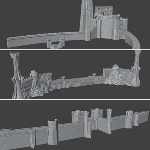 May include: A 3D printed model of a fantasy castle wall with towers and gates. The wall is made of gray plastic and has a rough, textured surface.