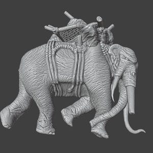 May include: A detailed grayscale rendering of an elephant with a saddle and basket on its back. The elephant is depicted in a walking pose, showcasing its tusks and trunk. The saddle is intricately designed with rope detailing.