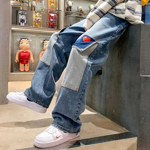 y2k street hip hop collages casual patchwork mom jeans