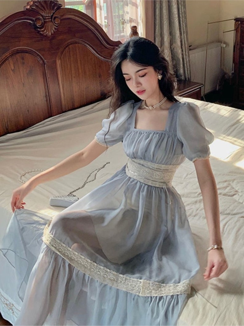 Vintage French Fairy Style Blue Dress Elegant Bridgerton Look Etsy