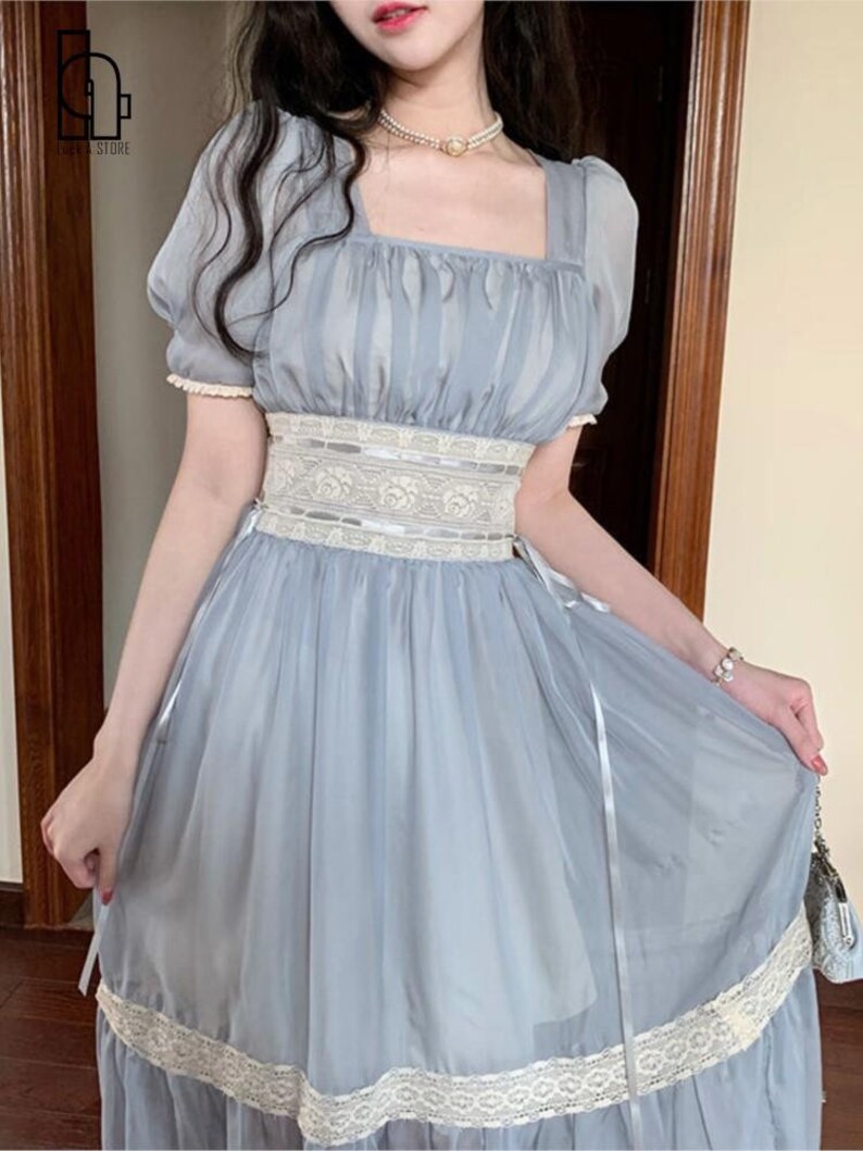 Vintage French Fairy Style Blue Dress Elegant Bridgerton Look Etsy