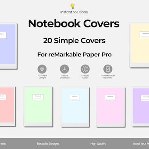 Op de afbeelding: Een digitale collectie van 20 eenvoudige notitieboekcovers voor reMarkable Paper Pro, met diverse pastelkleurige rechthoekige sjablonen met een wit label in het midden met het woord Notebook. Bevat iconen voor 20 unieke ontwerpen, directe download, meerdere kleuren en compatibiliteit met reMarkable Paper Pro.