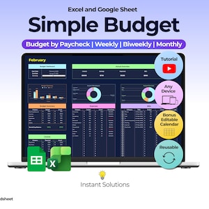 以下が含まれることがあります： ExcelとGoogleスプレッドシート用のSimple Budgetスプレッドシートが表示されたラップトップ画面。画面には、予算ダッシュボード、経費追跡、カレンダーが表示されています。画像には「Budget by Paycheck | Weekly | Biweekly | Monthly」と「English Spreadsheet」というテキストが含まれています。