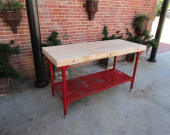 Long Narrow Vintage Industrial Butchers Block Table 1950s Beech toped
