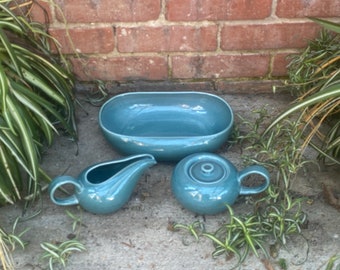 Mid Century American Modern Cream & Sugar Tray  Set by Russel Wright for Steubenville / Vintage Seafoam Creamer and Sugar Bowl