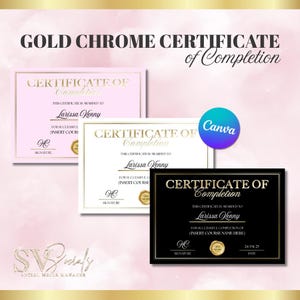 May include: Three printable certificate templates with gold trim and a gold seal. The certificates are for completion and are customizable with the name of the recipient, the course name, and the date. The text on the certificates reads "Certificate of Completion".