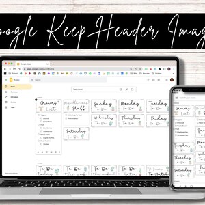Pode incluir: Uma captura de tela de uma nota do Google Keep com uma lista de compras e uma lista de tarefas. A nota é dividida em seções para cada dia da semana, com uma ilustração de cacto em cada seção. A nota está aberta em um laptop e um telefone móvel.
