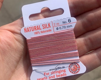 GRIFFIN Silk thread in PEACHY CORAL, needle thread for beading and jewellery making