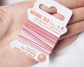 GRIFFIN GRIFFIN Hand Dyed Silk Beading Thread: Pink Rainbow Griffin Cord with needle