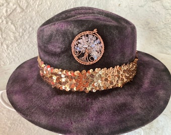 Hand Dyed Tree of Life Fedora Sequin band Purples