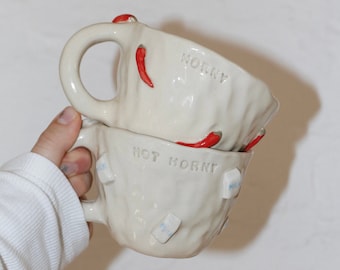 Set HORNY/ NOT HORNY (2 mugs) 280ml-320ml chilli peppers and milk red blue cup clay handmade piece aesthetic pinterest gift small business
