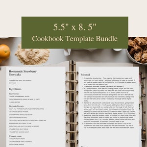 May include: Open cookbook template bundle with a recipe for homemade strawberry shortcake. The recipe includes ingredients and instructions. The cookbook is open to a page with text and a metal binder. The dimensions are 5.5" x 8.5".