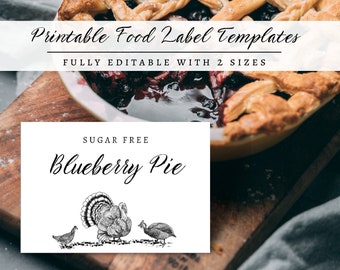 May include: Printable food label template with a drawing of turkeys and the text "Sugar Free Blueberry Pie".