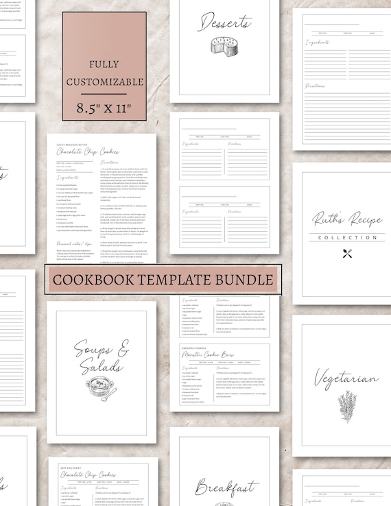 Cookbook Template, EXPANDED SET,  Recipe Template, Recipe Book Template, Editable Recipe Card Template, Printable Recipe Cards, 8.5"X11"
