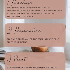 May include: A three-step guide to purchasing, personalizing, and printing designs. The steps are outlined in a pink rectangle with black text. The text reads: 1. Purchase, 2. Personalize, and 3. Print.