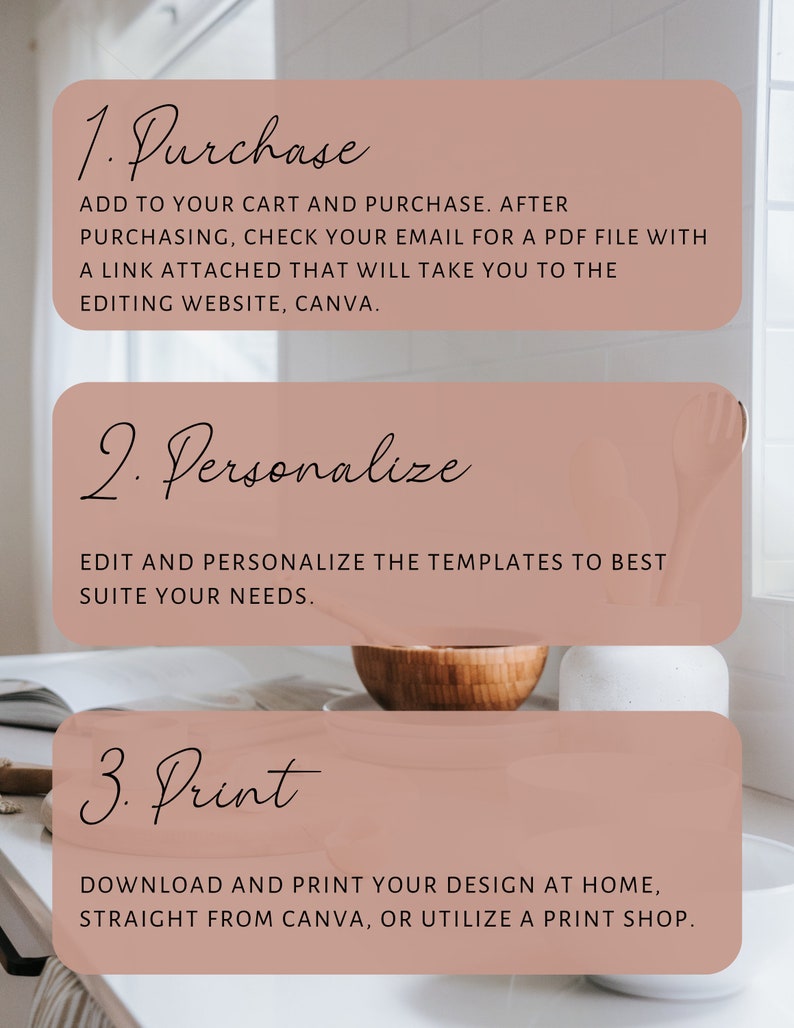 May include: A three-step guide to purchasing, personalizing, and printing designs. The steps are outlined in a pink rectangle with black text. The text reads: 1. Purchase, 2. Personalize, and 3. Print.