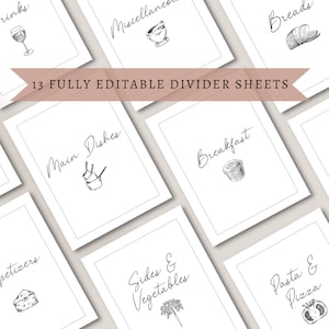 May include: Thirteen printable divider sheets for a recipe binder. Each sheet features a different category for recipes, such as "Main Dishes", "Sides & Vegetables", "Breakfast", and "Pasta & Pizza".